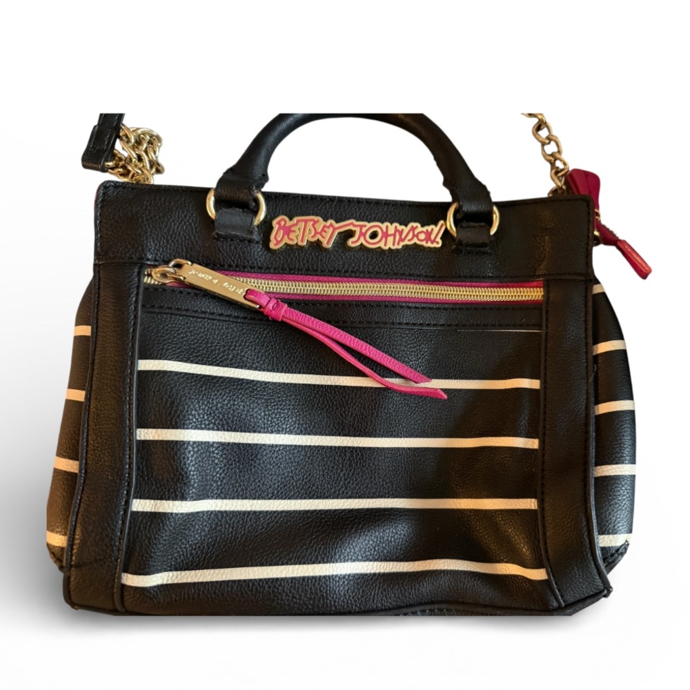 Y2K Vintage Betsey Johnson Black & White Stripe Satchel with Pink Accents